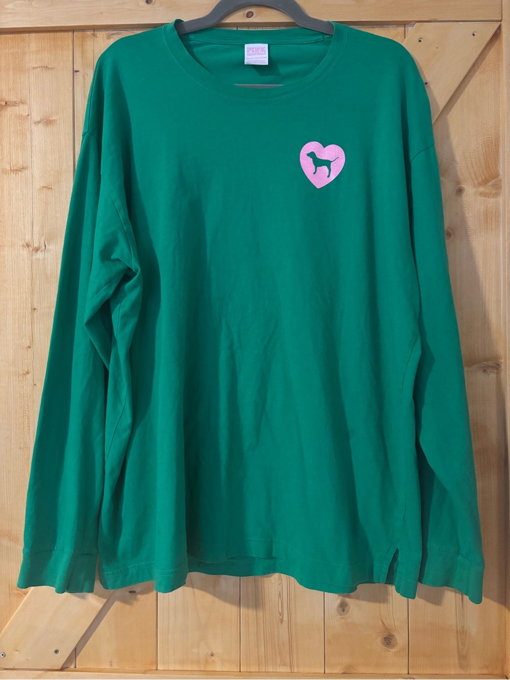 PINK Victoria's Secret Green Glitter Graphic Long Sleeve Tee XXL